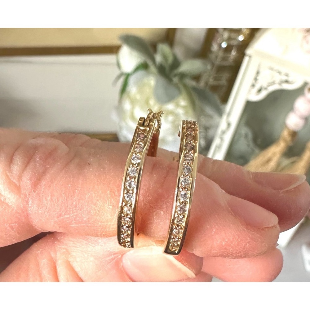 Vintage Estate Gold Tone 925 Sterling Silver CZ Channel Hoop Earrings